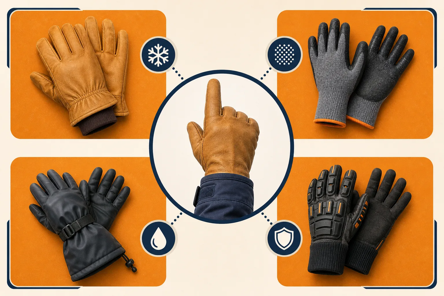 Four generic winter work glove categories for cold, grip, wet weather, and impact protection