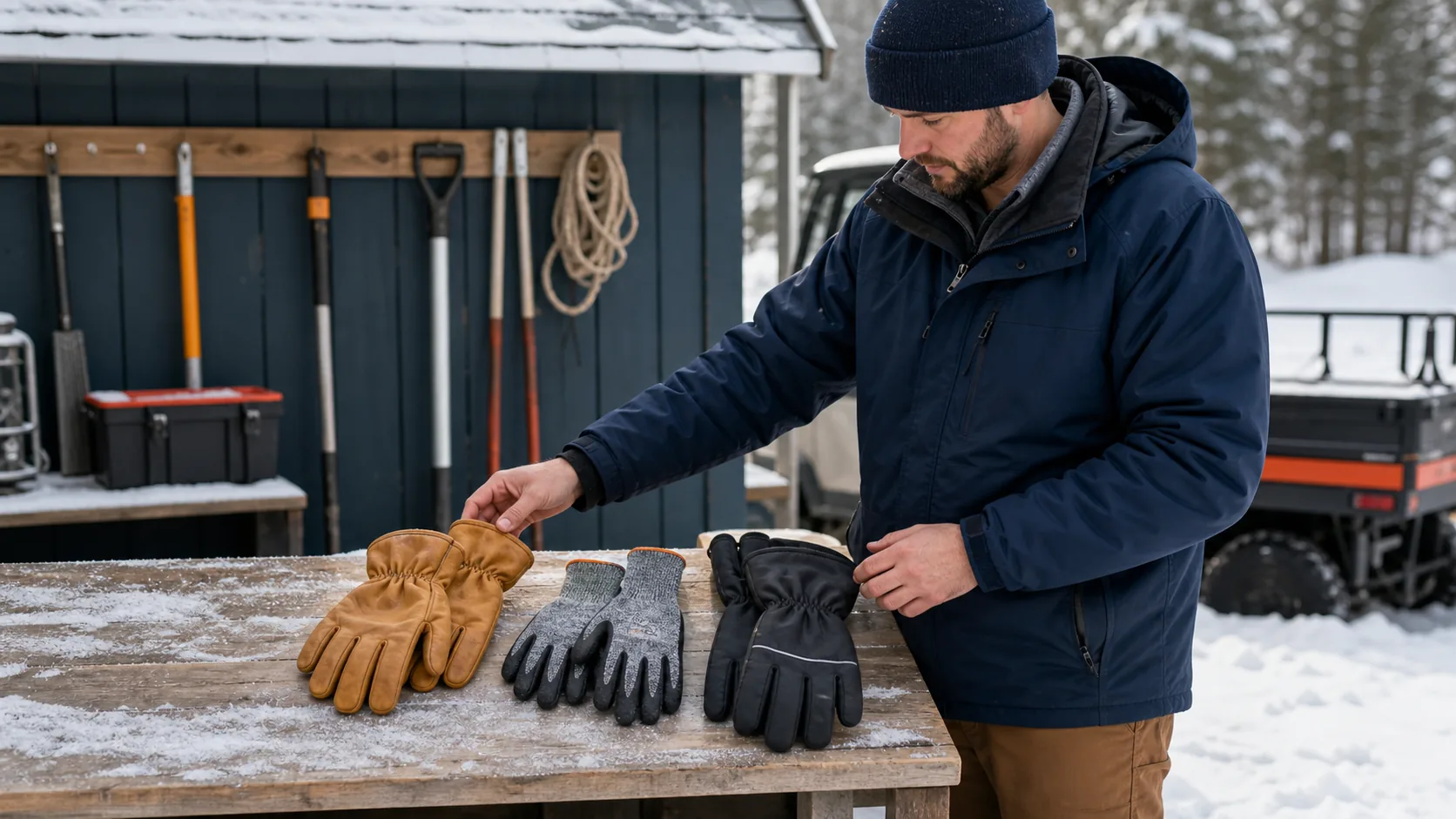 Outdoor worker comparing insulated leather, coated knit, and waterproof winter work gloves before a shift