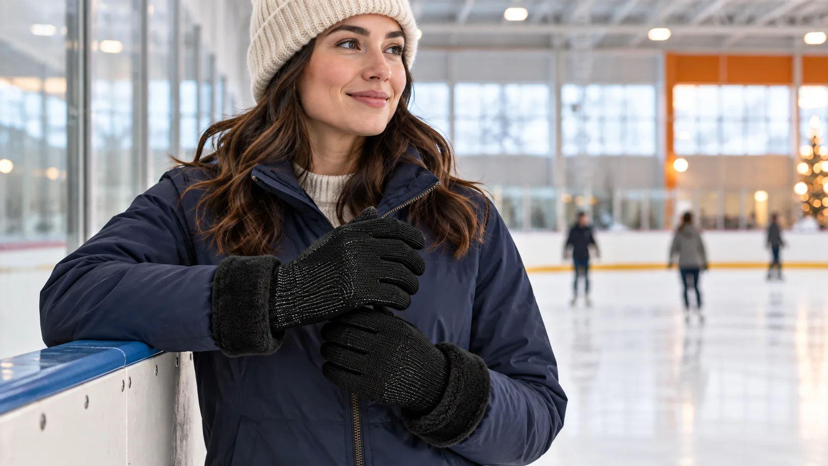 What Are the Best Gloves for Ice Skating? Adult recreational skater at an indoor rink wearing black knit CozyGalar gloves