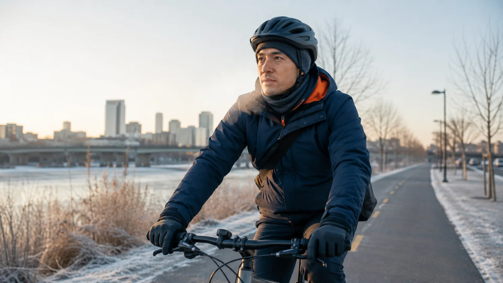 Winter commuter braking on a cold city ride while wearing full-finger cycling gloves.