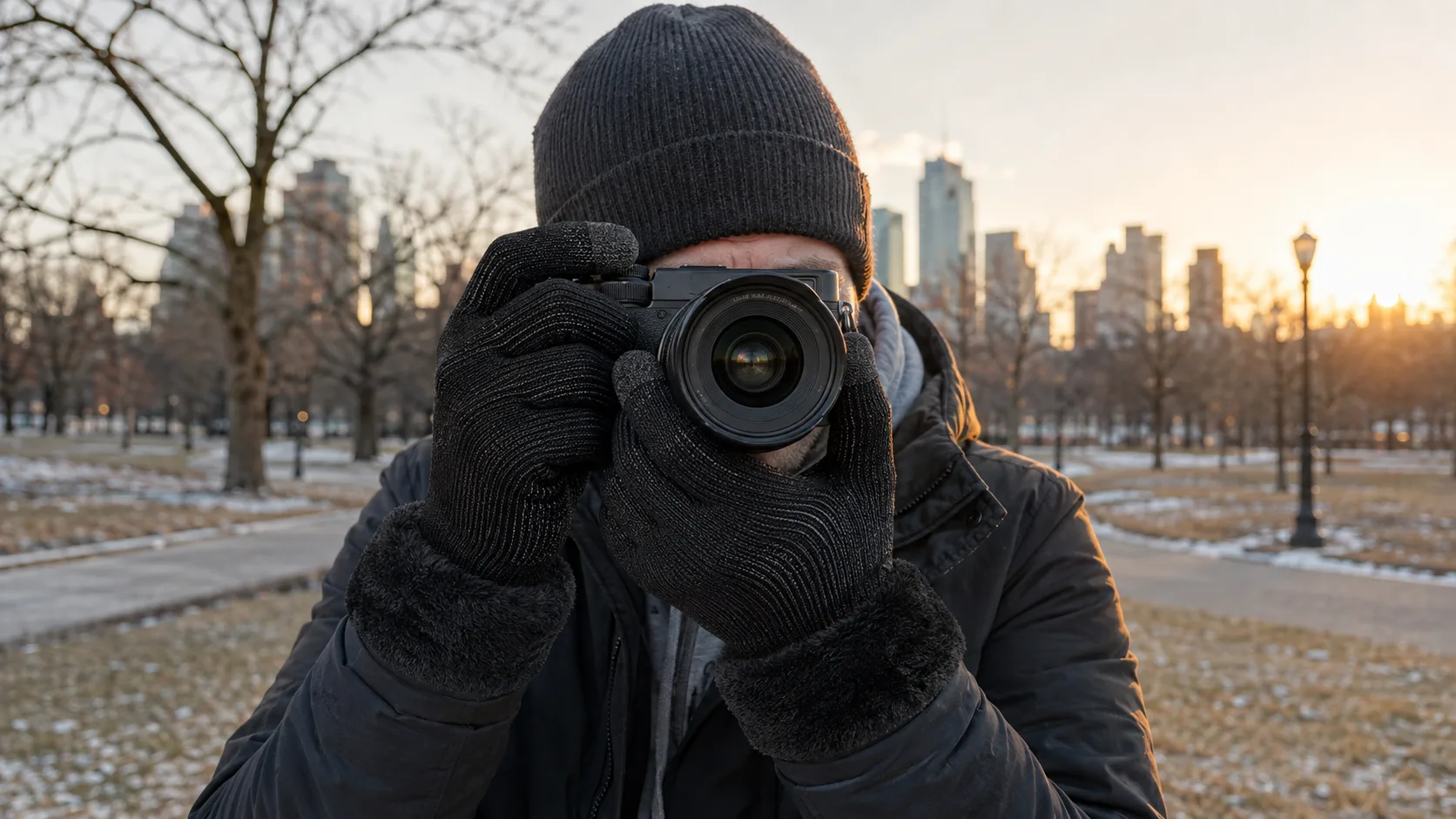 Photographer adjusting a camera on a cold city morning while wearing black knit CozyGalar gloves