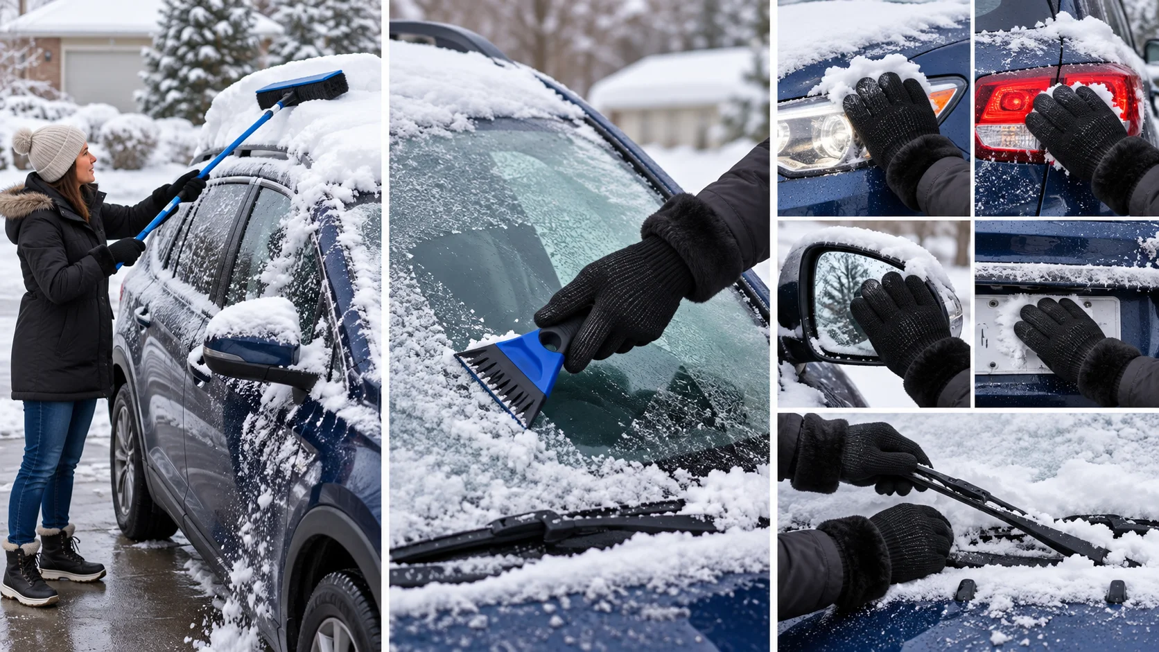 Three-panel sequence shows roof-first snow removal, a plastic scraper used on windshield glass, and final checks of lights, mirrors, plate, and wipers