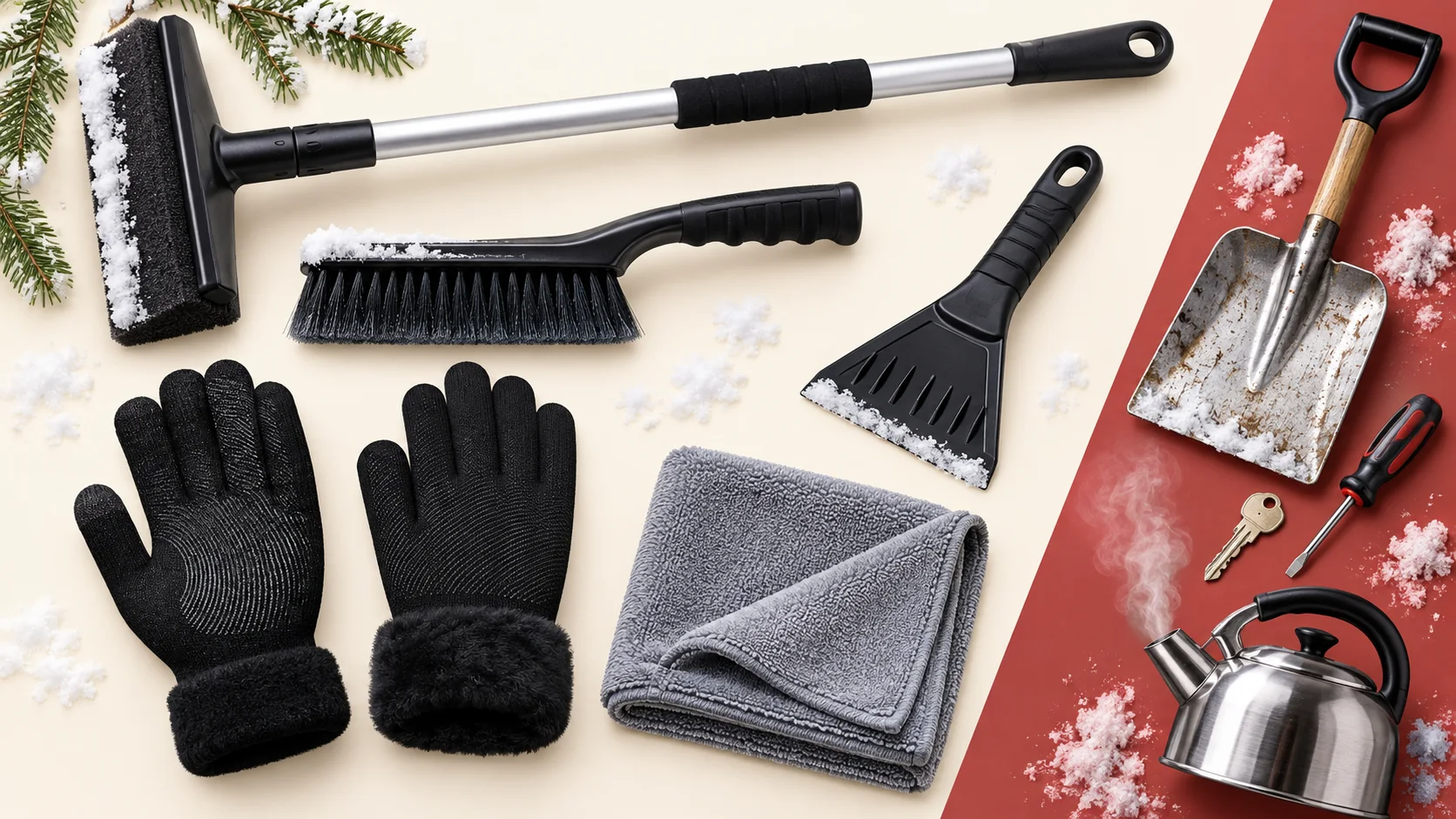 Soft foam snow broom, automotive brush, plastic glass scraper, microfiber towel, and black CozyGalar gloves are separated from unsafe metal tools and hot water