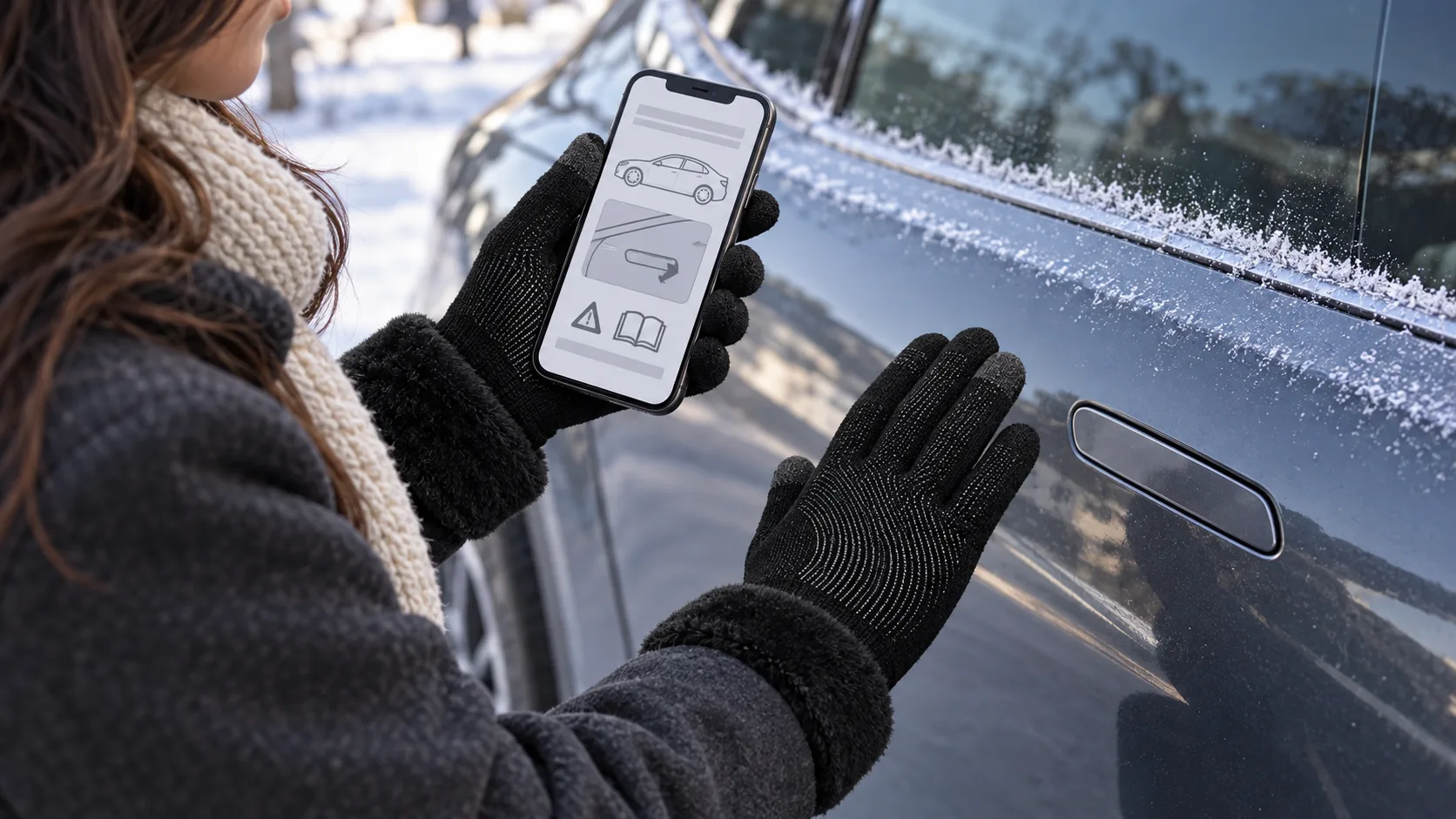 Driver wearing black CozyGalar gloves checks vehicle instructions beside an iced flush door handle