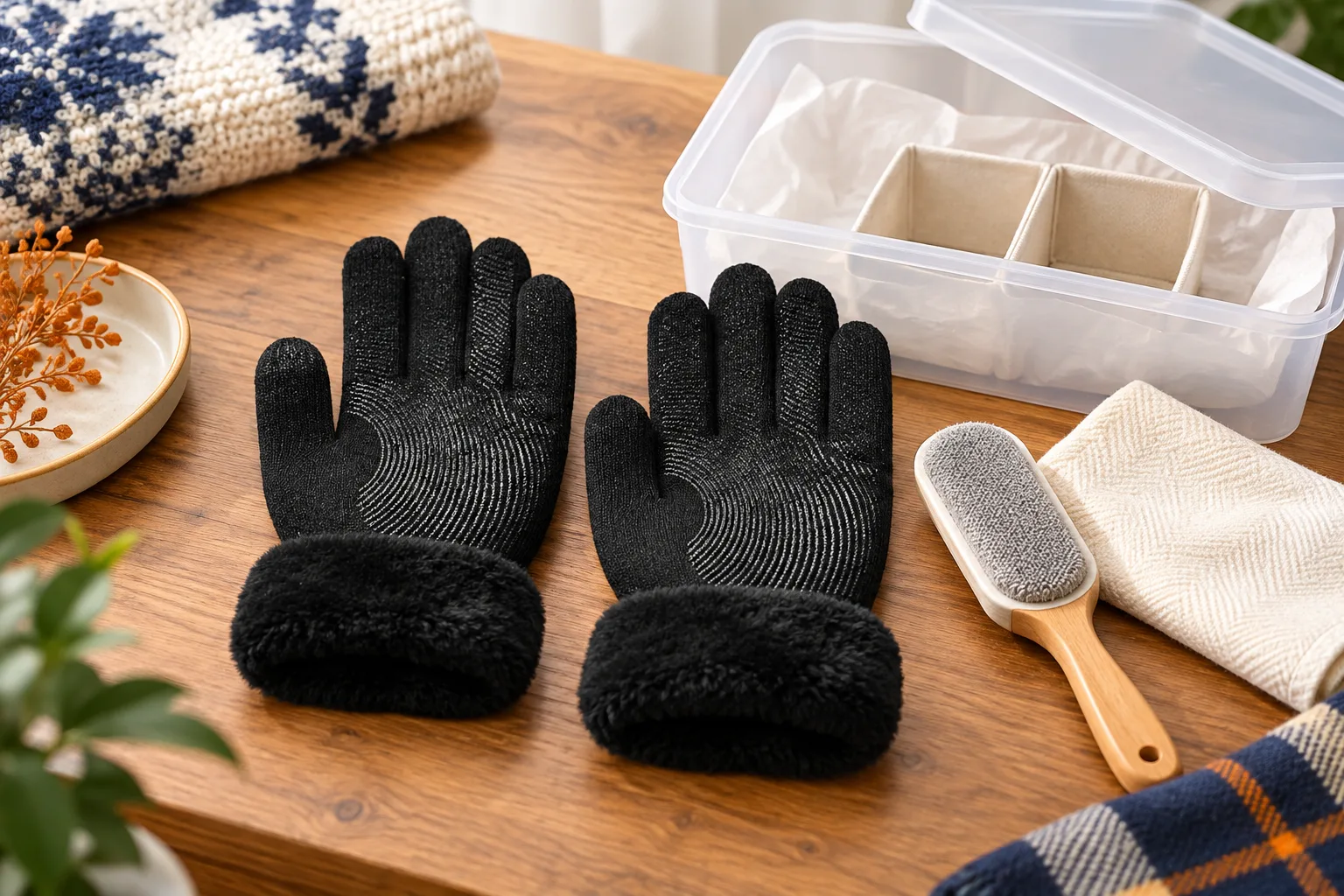 Clean, fully dry black CozyGalar gloves beside a lined lidded storage bin and soft lint brush