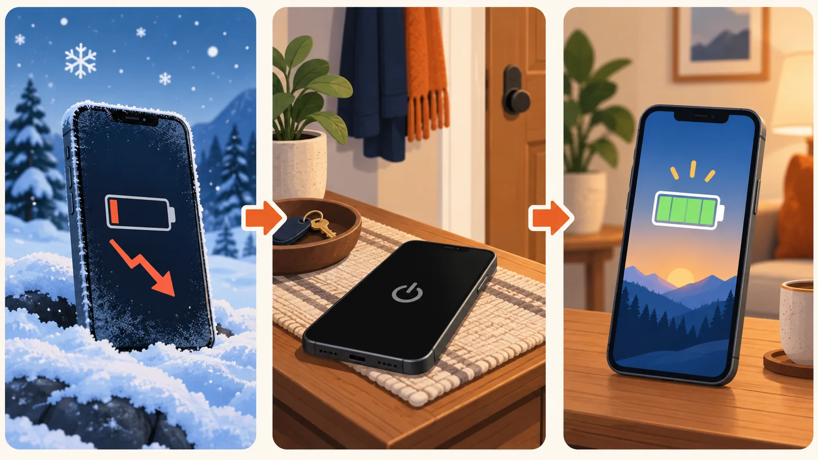 Three-panel illustration shows a cold phone, gradual indoor warming, and a normal-temperature battery recheck