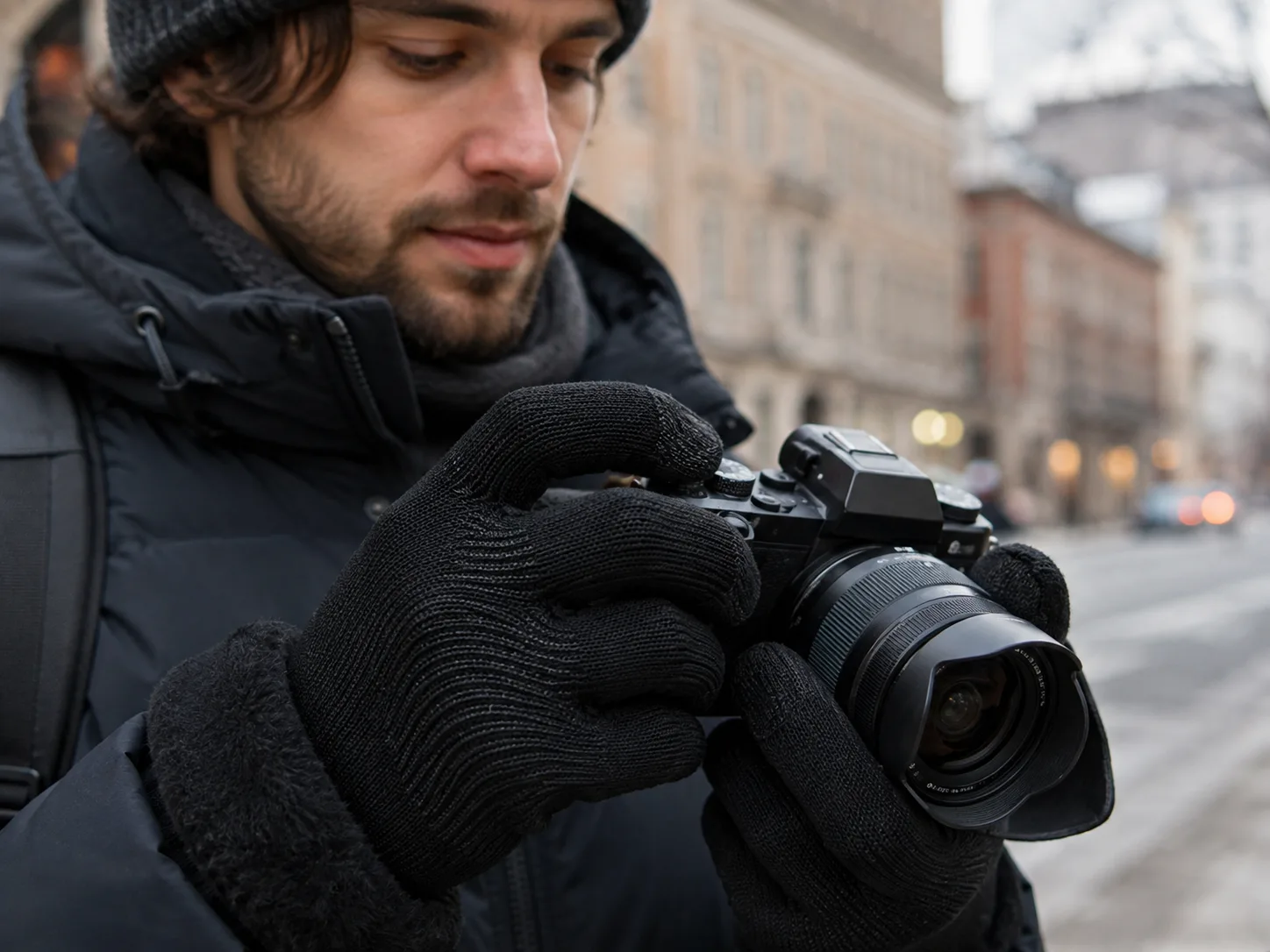 Close view of black knit CozyGalar gloves operating a camera on a dry winter street