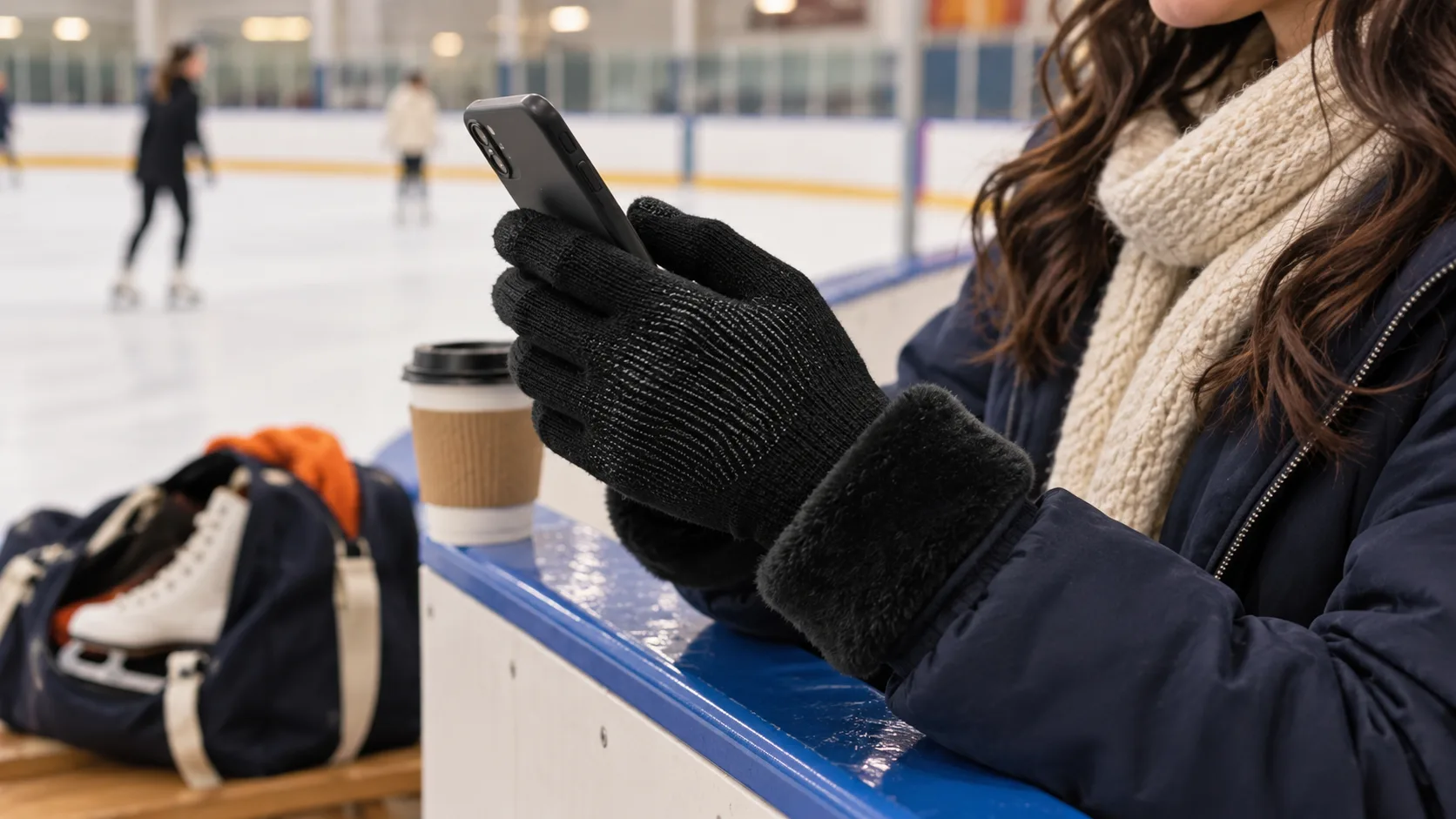 What Are the Best Gloves for Ice Skating? Adult in black knit CozyGalar gloves using a phone during a dry indoor rink break