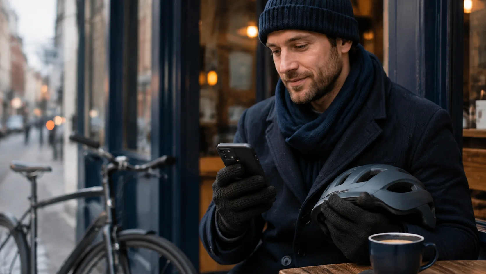 Black knit CozyGalar gloves used off the bike at a dry winter café stop