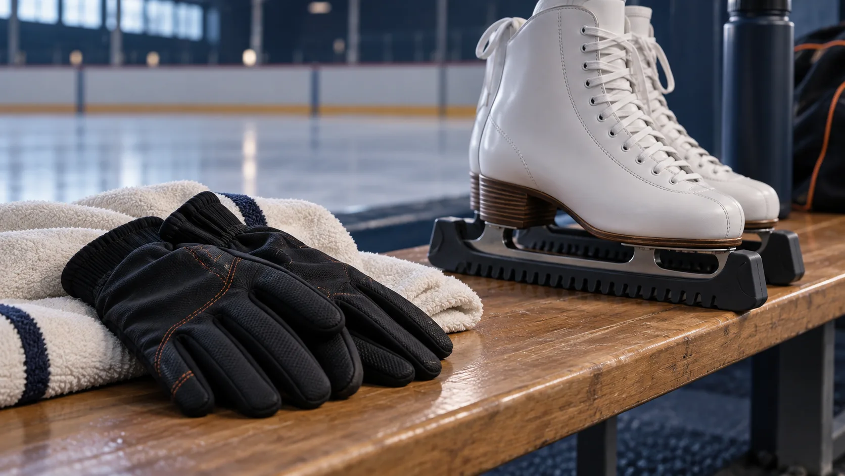 What Are the Best Gloves for Ice Skating? Generic technical skating gloves resting beside figure skates fitted with blade guards