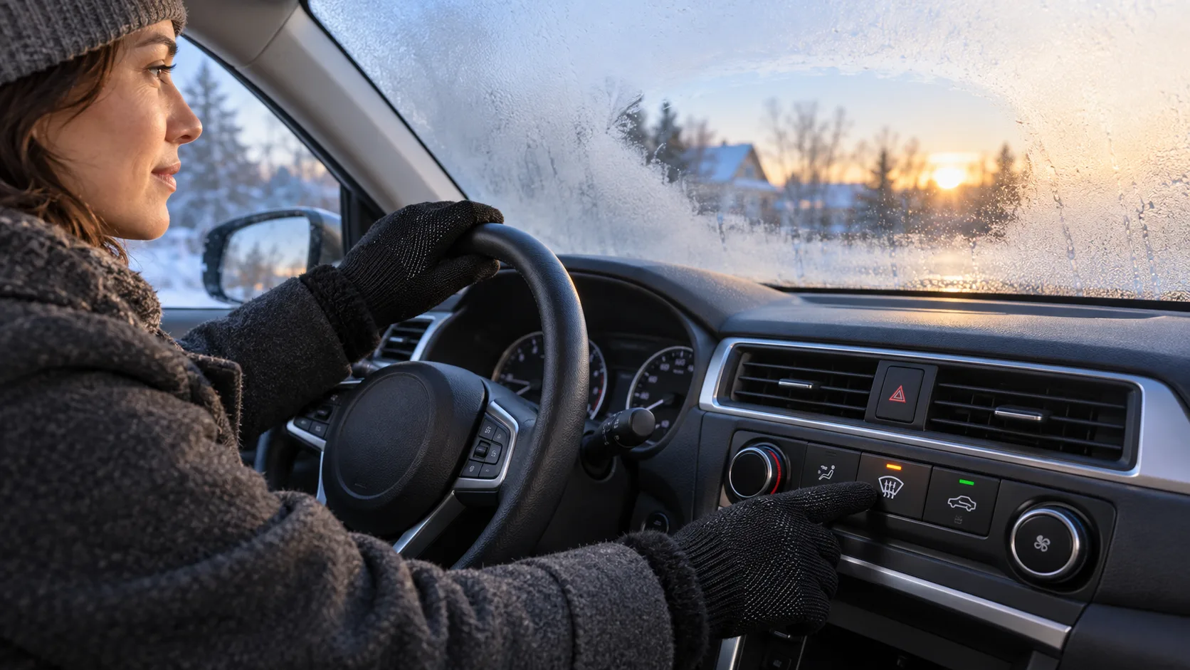 How Do You Defog a Windshield in Winter? Parked driver wearing black CozyGalar knit gloves selects the front defrost control as warm airflow clears inside windshield fog