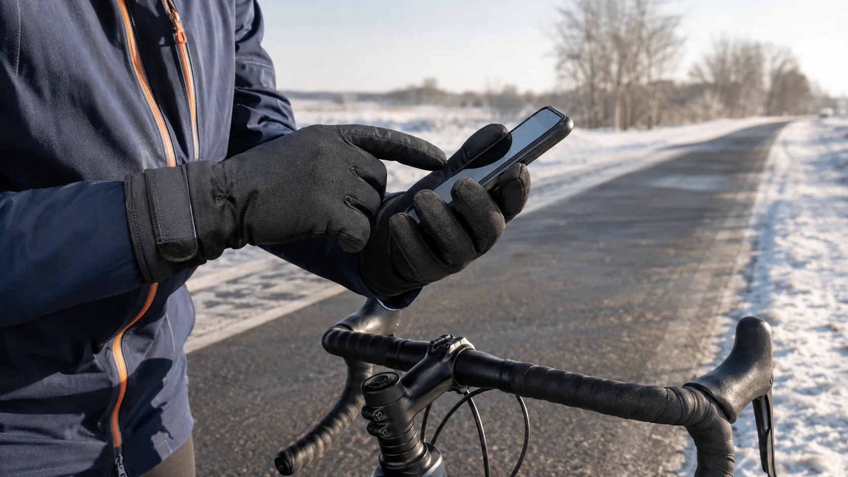 Rider testing an insulated cycling glove on a phone beside a dry frosty road