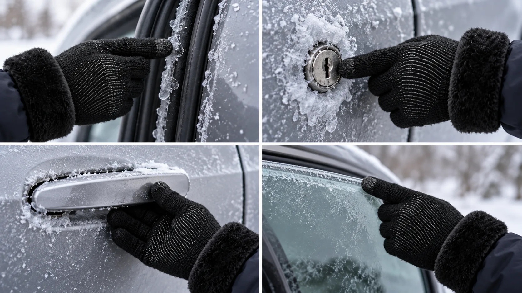 Four close-ups show ice at a rubber door seal, key cylinder, flush handle, and frameless window