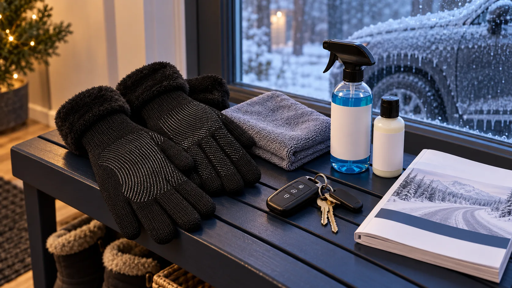 CozyGalar gloves beside a microfiber cloth, unbranded de-icer, seal conditioner, keys, and vehicle manual indoors