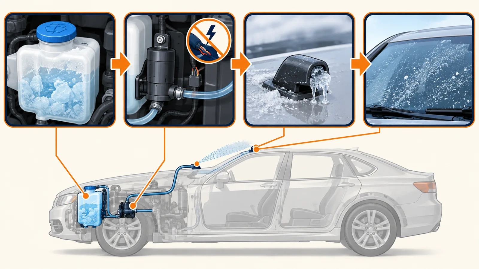 Cutaway diagram shows frozen reservoir, washer pump and hose, iced nozzle, and windshield checkpoints