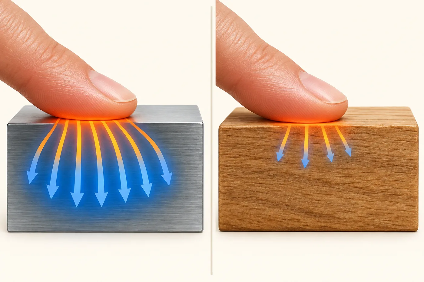 Two-panel illustration shows heat leaving a fingertip faster through metal than through wood