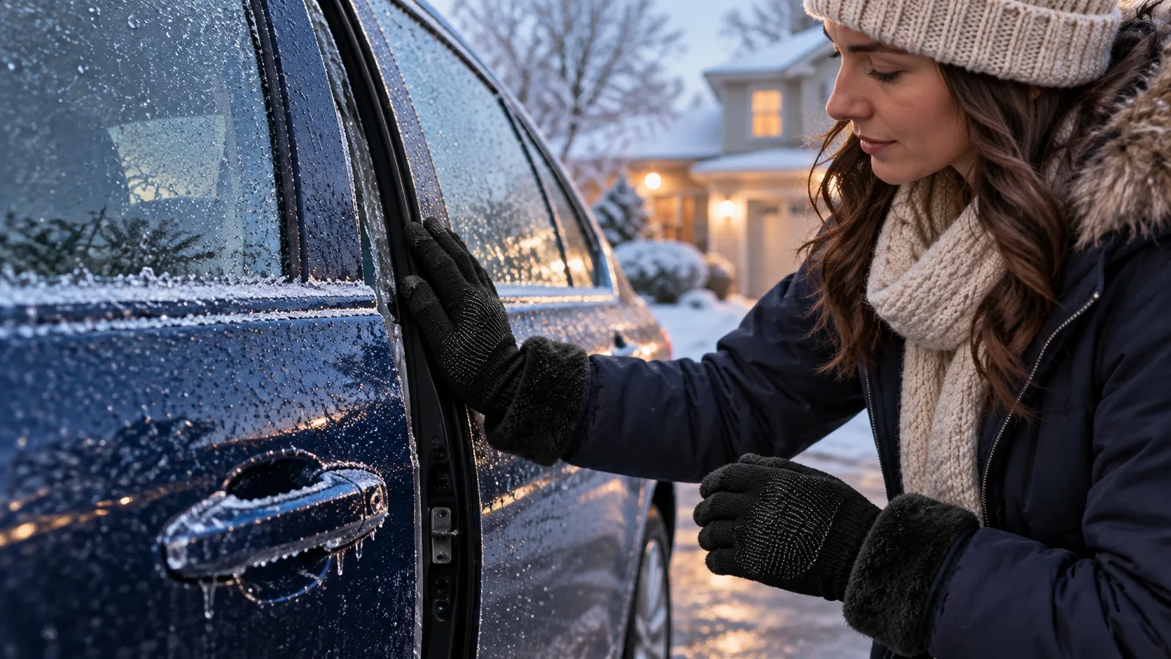 Driver in black CozyGalar knit gloves gently presses an iced car door edge instead of pulling the frozen handle