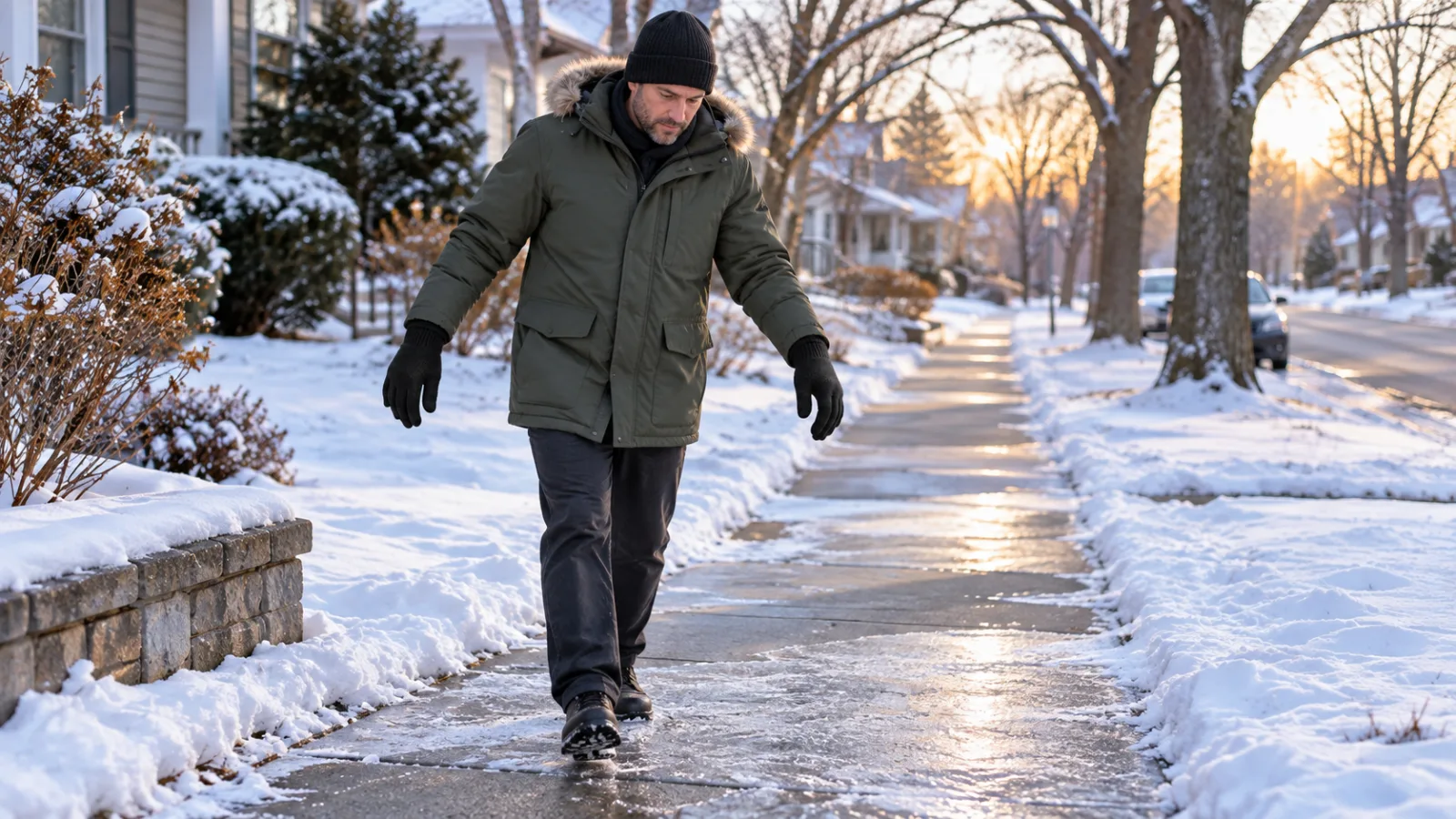 How Do You Walk Safely on Ice? Adult in an olive parka and black CozyGalar knit gloves takes short steps on an icy residential sidewalk with hands free for balance