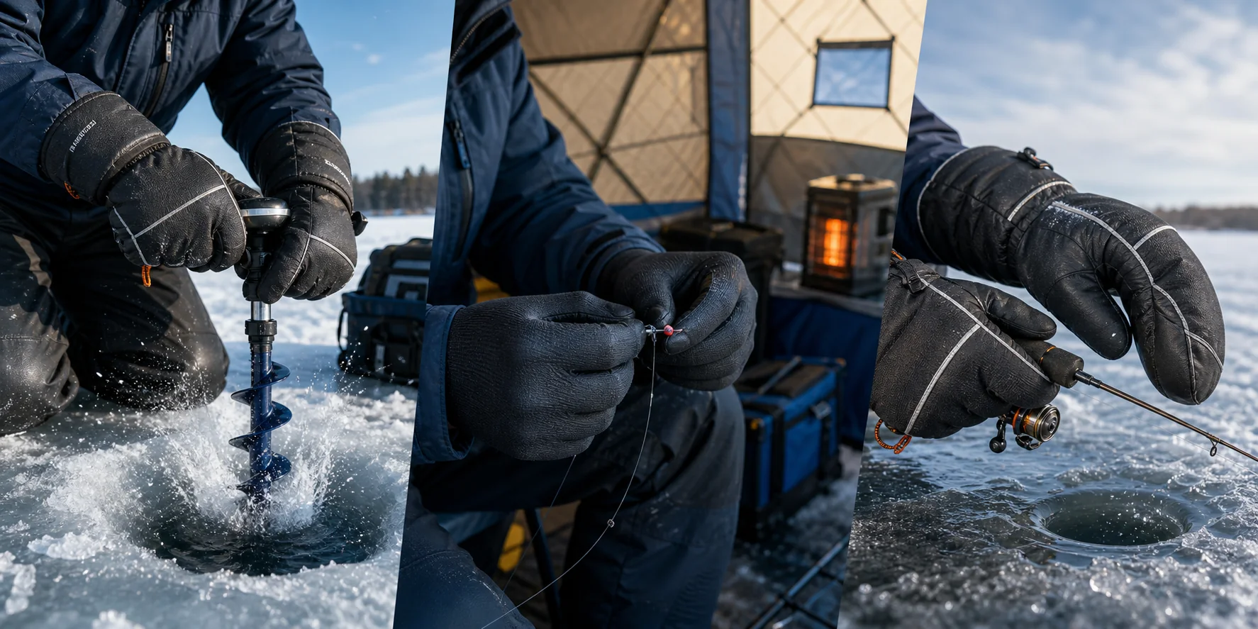 Ice angler using insulated gloves for drilling, liner gloves for tying a jig, and convertible gloves for fishing