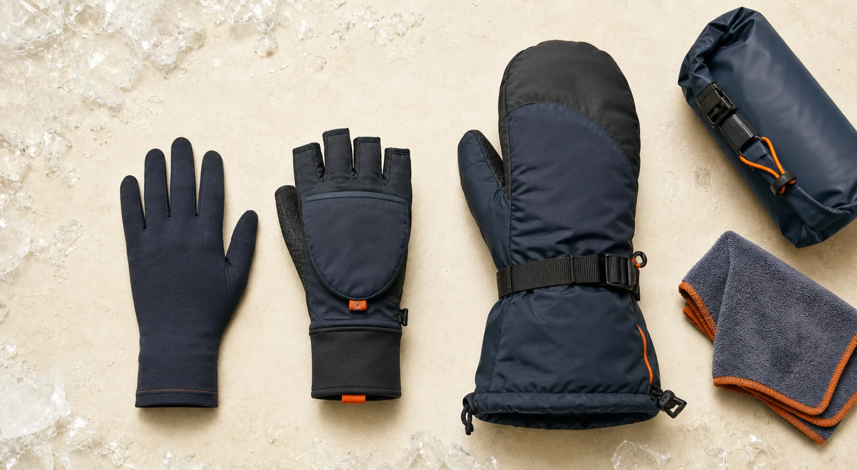 Flat lay of a liner glove, convertible glove, insulated gauntlet mitten, dry bag, and towel