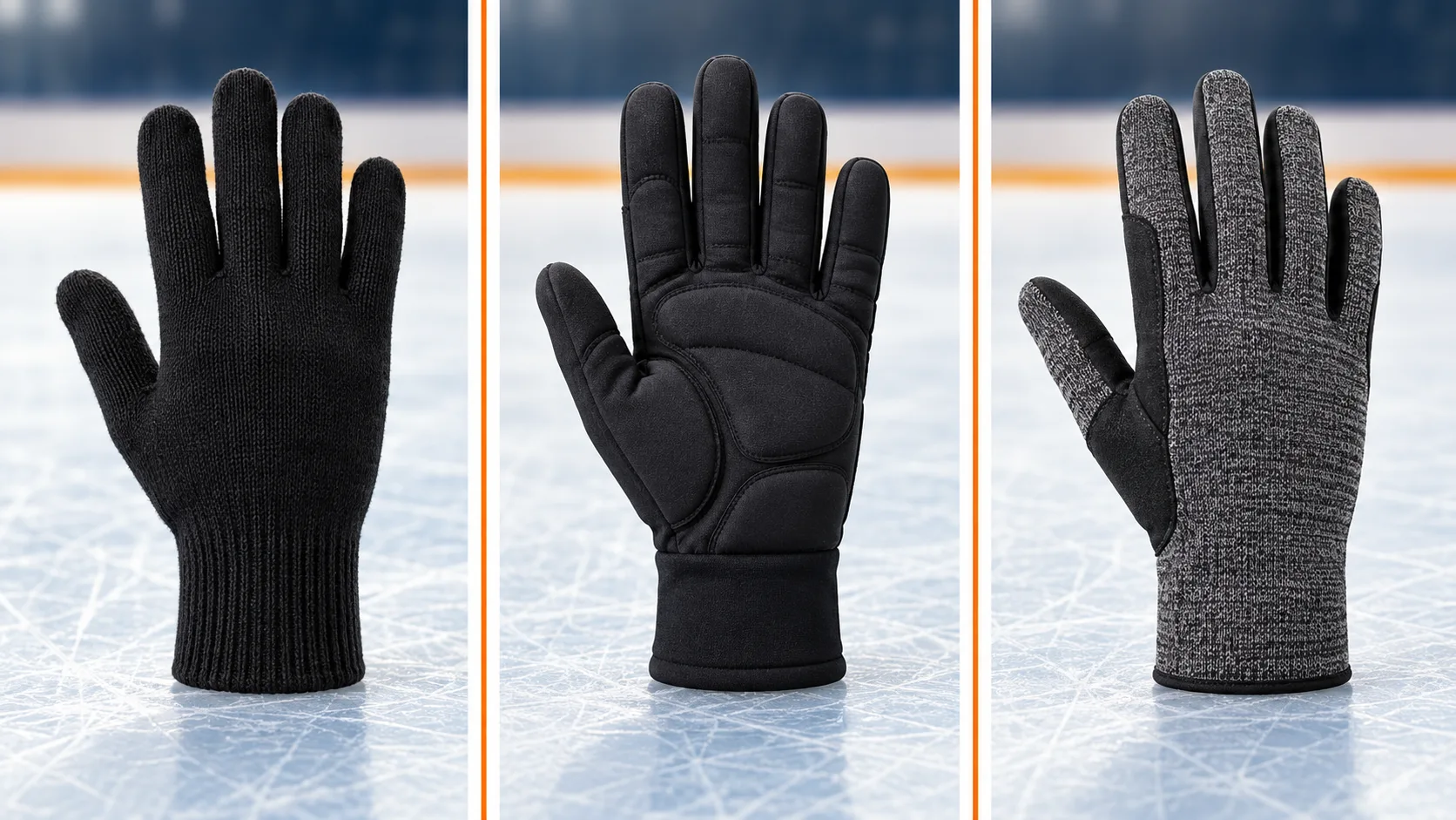 What Are the Best Gloves for Ice Skating? Three-panel comparison of basic knit, padded practice, and technical ice skating glove types