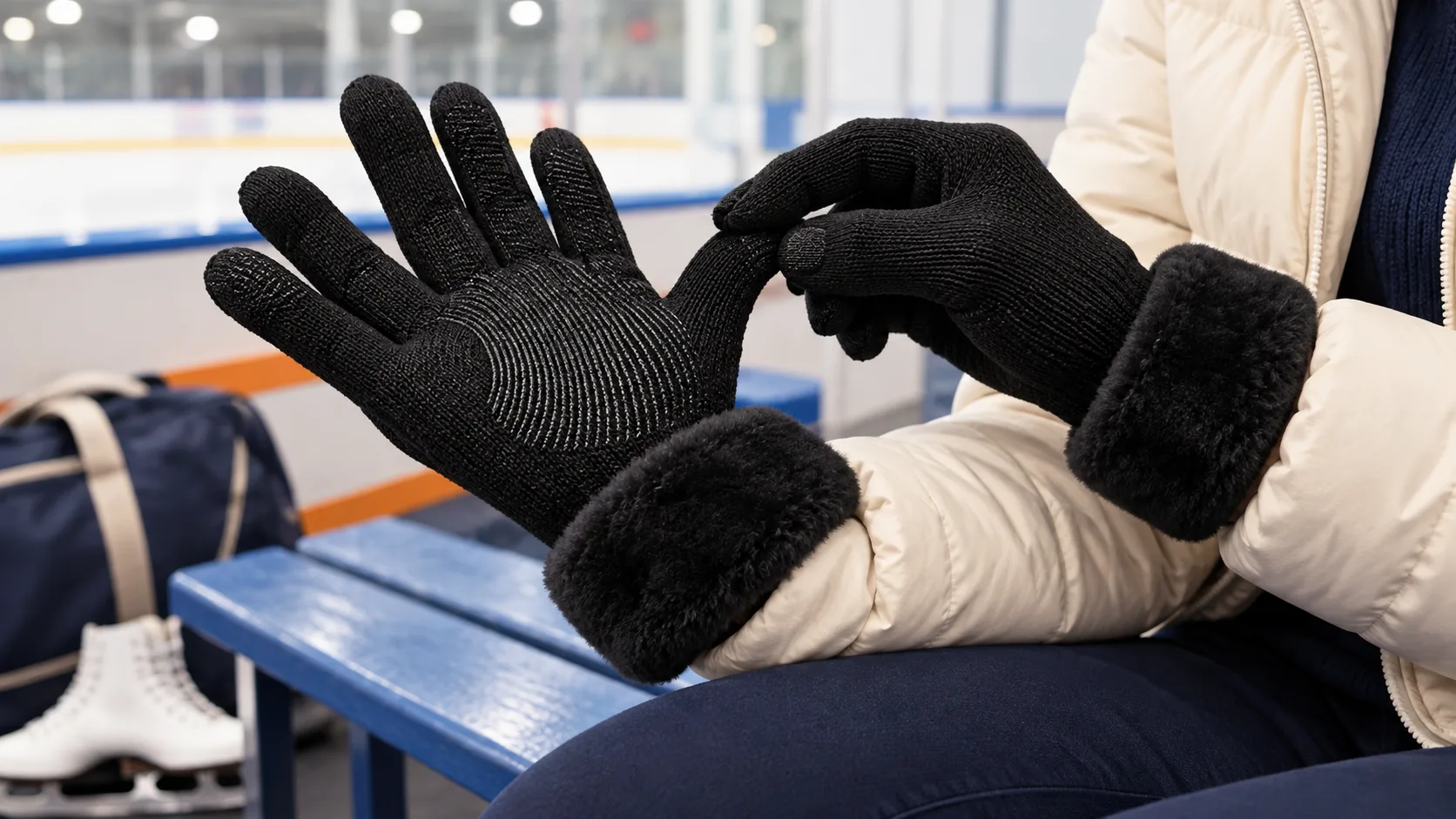 What Are the Best Gloves for Ice Skating? Adult checking fingertip space and wrist coverage on black knit gloves before skating
