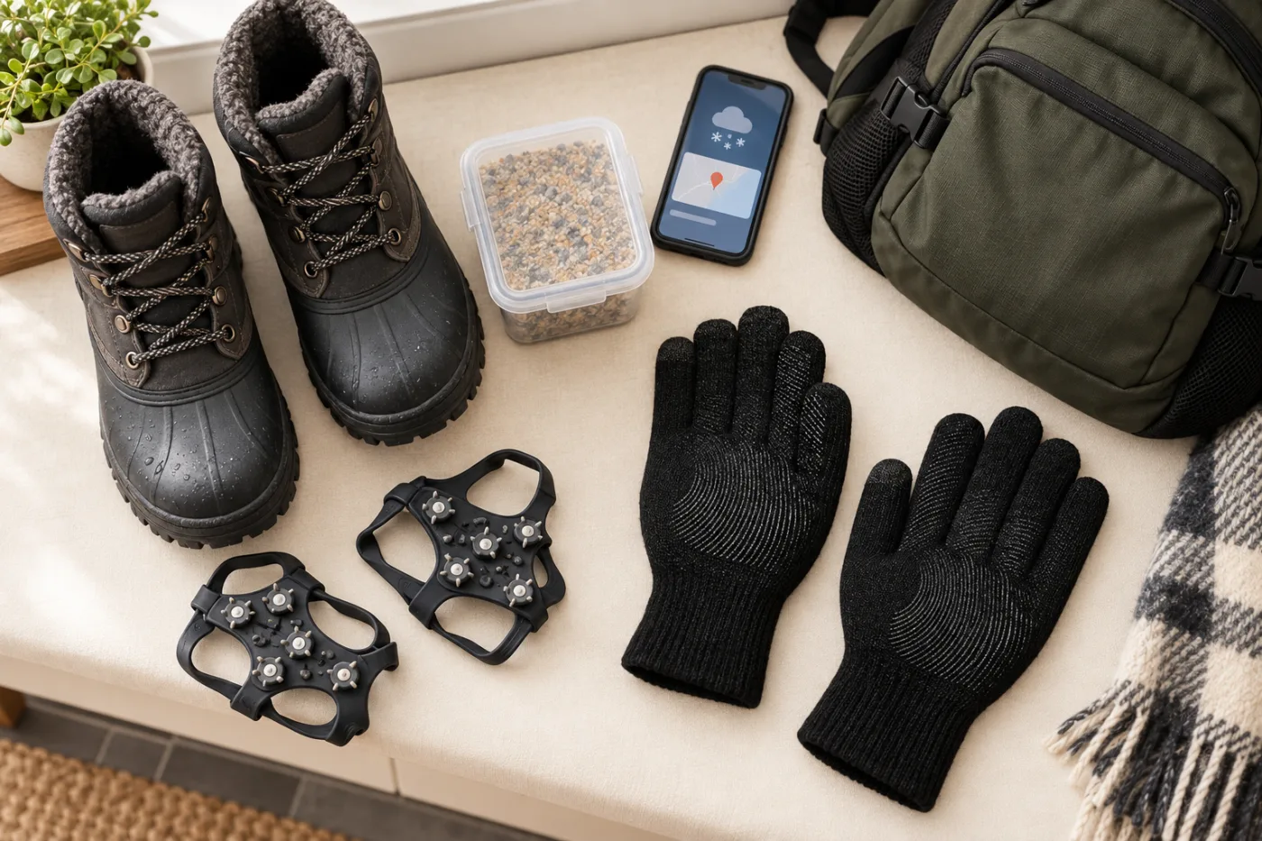 How Do You Walk Safely on Ice? Entryway flat lay with treaded winter boots, removable ice cleats, grit, backpack, weather phone screen, and black CozyGalar knit gloves
