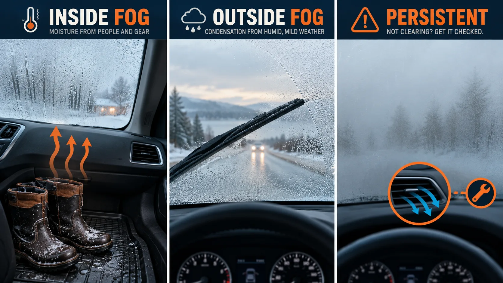 How Do You Defog a Windshield in Winter? Three panels compare interior winter fog from cabin moisture, exterior fog cleared by wipers, and persistent fog that may need qualified inspection