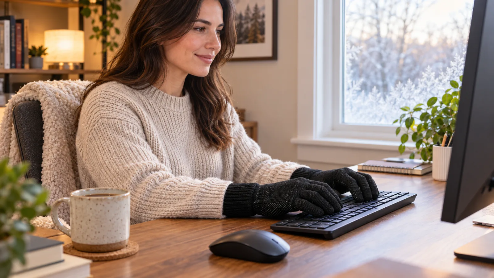 How Do You Keep Your Hands Warm While Typing? Remote worker in a winter home office types while wearing black CozyGalar knit gloves beside a mug and mouse