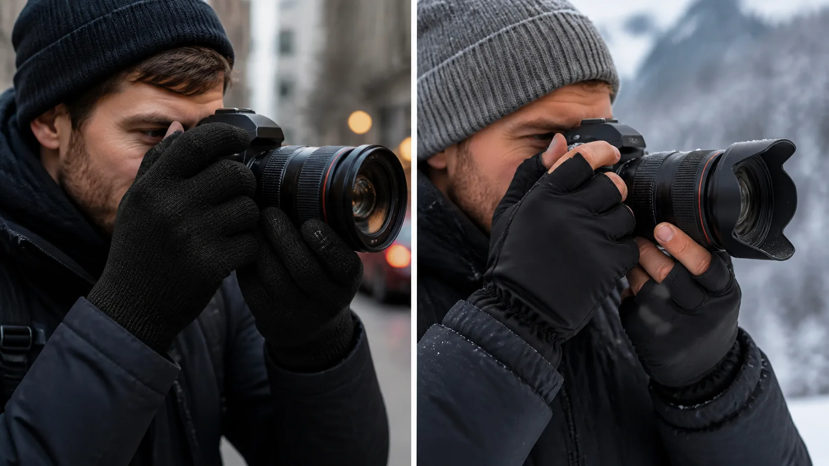 Side-by-side close-ups of a photographer using knit gloves and a generic convertible photo mitt