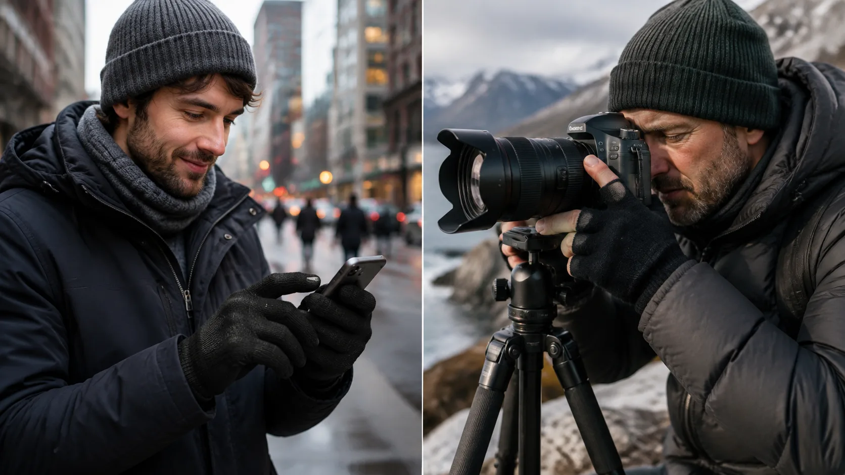 Side-by-side scenes comparing black knit gloves with an illustrative foldback photography glove