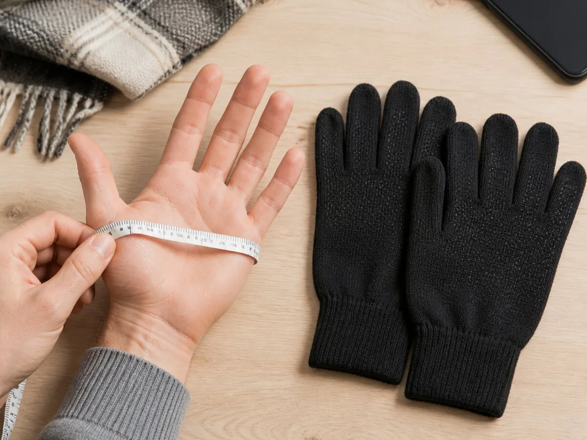 What Winter Gloves Make a Practical Gift for Men? A flexible tape measures around an open palm beside a pair of black knit gloves.