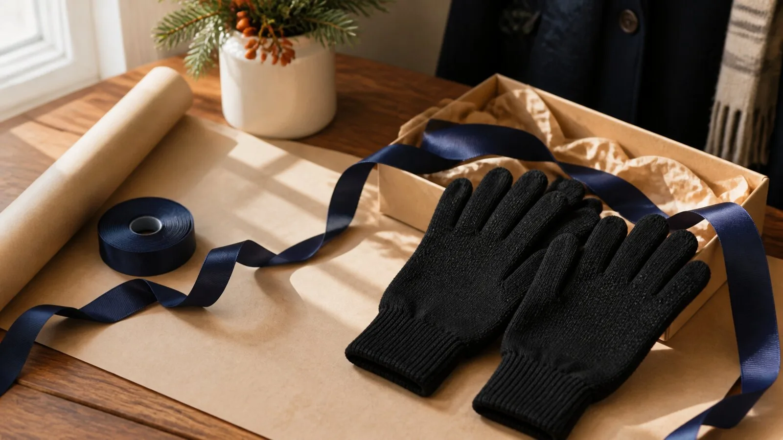 What Winter Gloves Make a Practical Gift for Men? Black knit winter gloves arranged beside an open kraft gift box and navy ribbon on a wooden table.