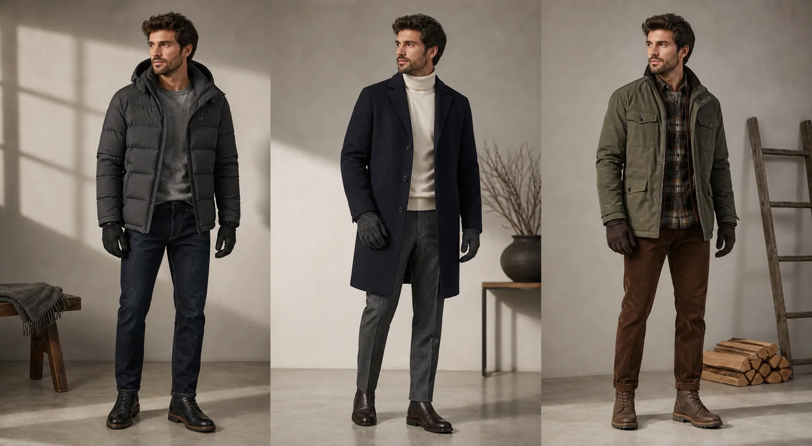 Three winter outfit formulas for men showing a puffer, tailored overcoat, and olive field jacket with coordinated gloves