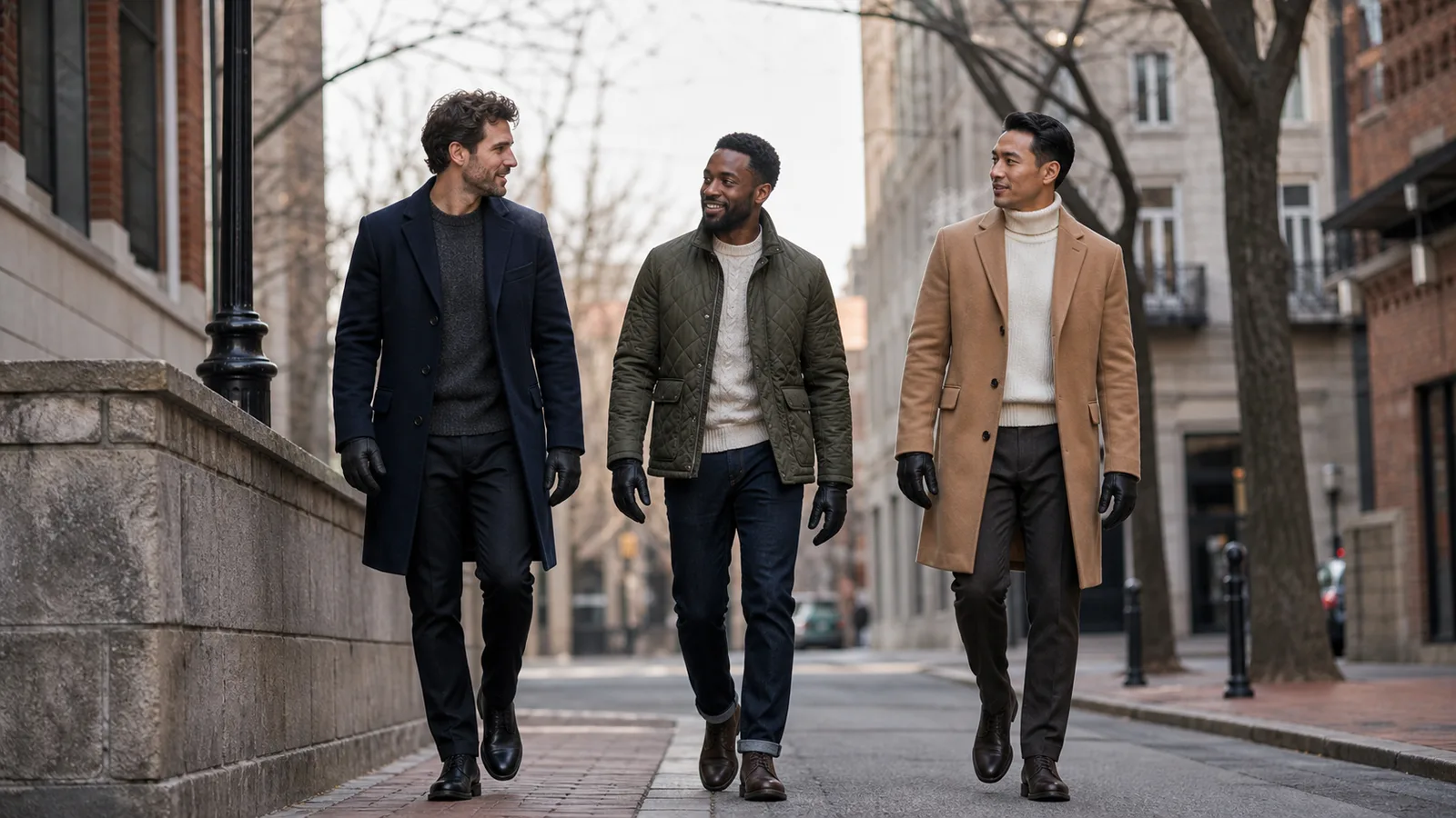 Three men wearing coordinated navy, olive, and camel winter outfits with gloves on a city street