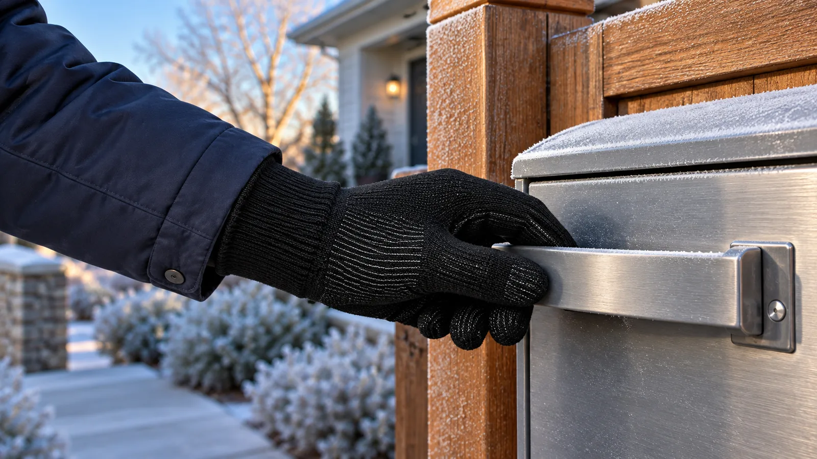 Black CozyGalar knit glove opens a frosted metal mailbox mounted beside a wooden post on a dry cold morning
