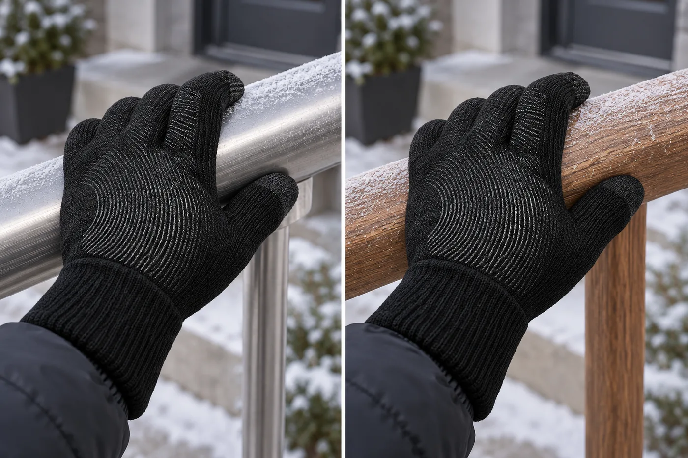 Matched panels show the same black CozyGalar glove holding a frosted metal rail and a frosted wooden rail