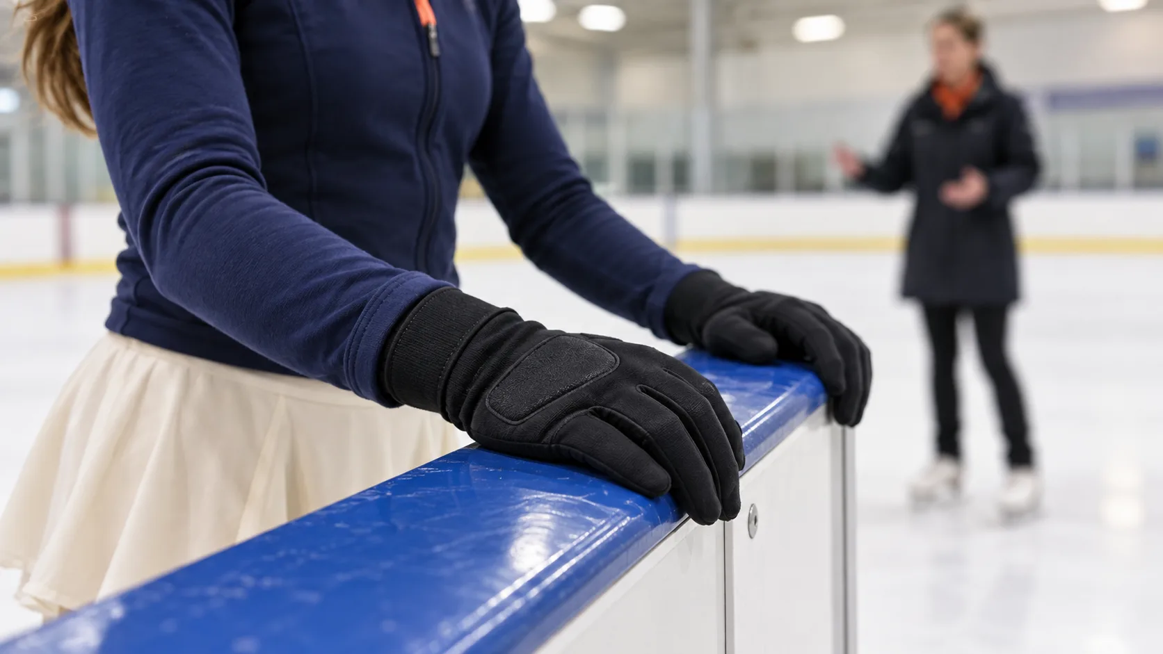 What Are the Best Gloves for Ice Skating? Learner standing safely at rink boards while wearing generic padded ice skating practice gloves