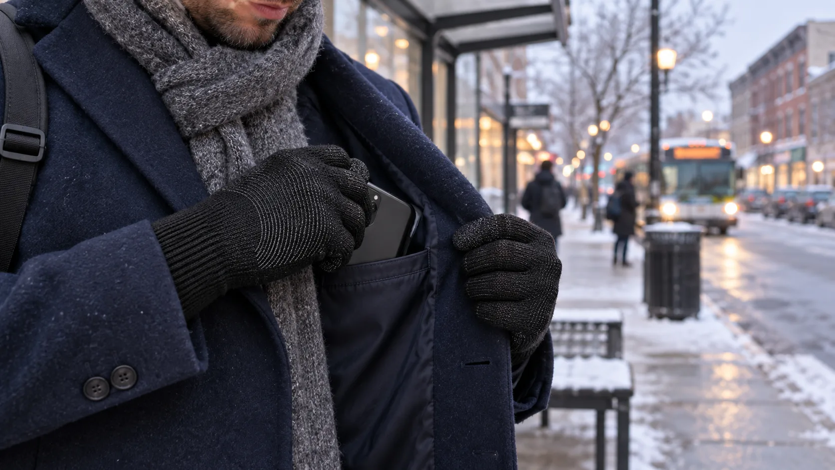 Commuter wearing black CozyGalar knit gloves slides a phone into an inner coat pocket at a snowy bus stop