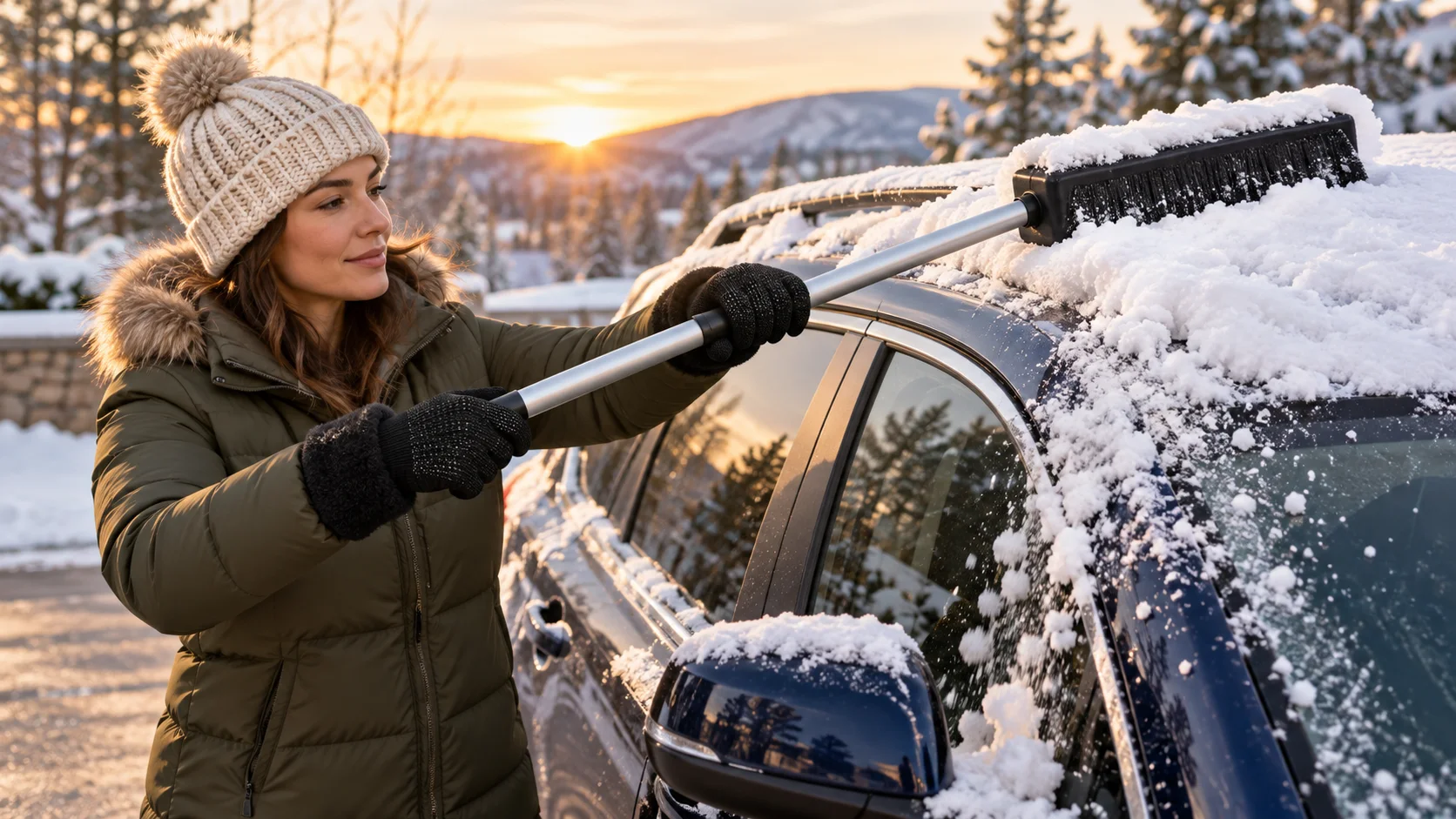 Adult wearing black CozyGalar knit gloves uses a long-handled soft snow broom to clear the roof of a parked crossover from stable pavement.