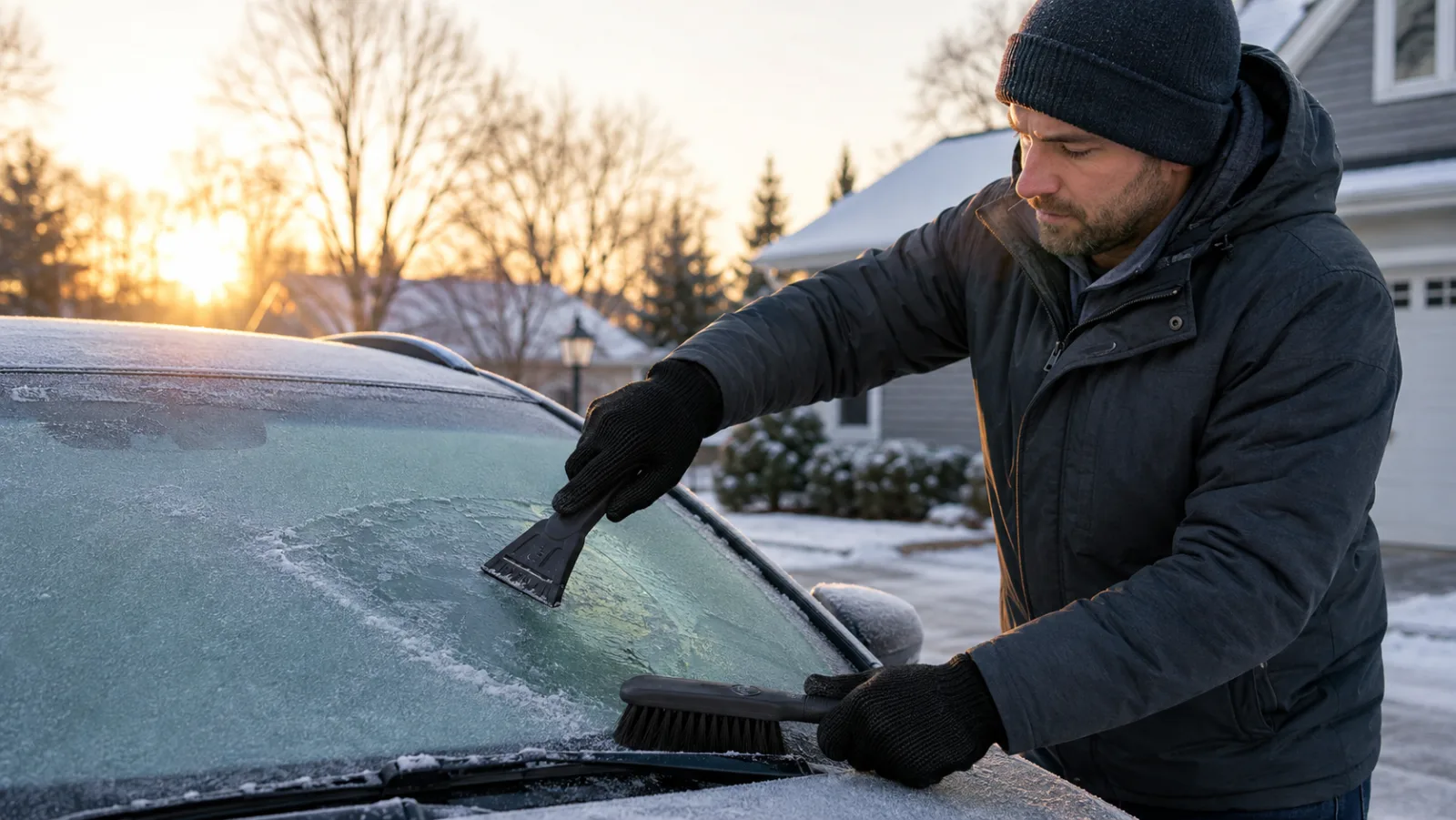 Driver wearing black CozyGalar knit gloves removes frost from a parked car windshield with a plastic scraper and soft brush