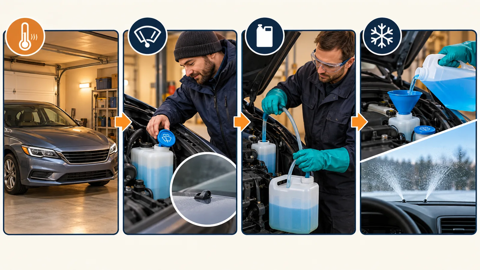 Four-panel sequence shows warming a car in a garage, checking the system, removing old fluid with chemical PPE, and adding winter-rated washer fluid