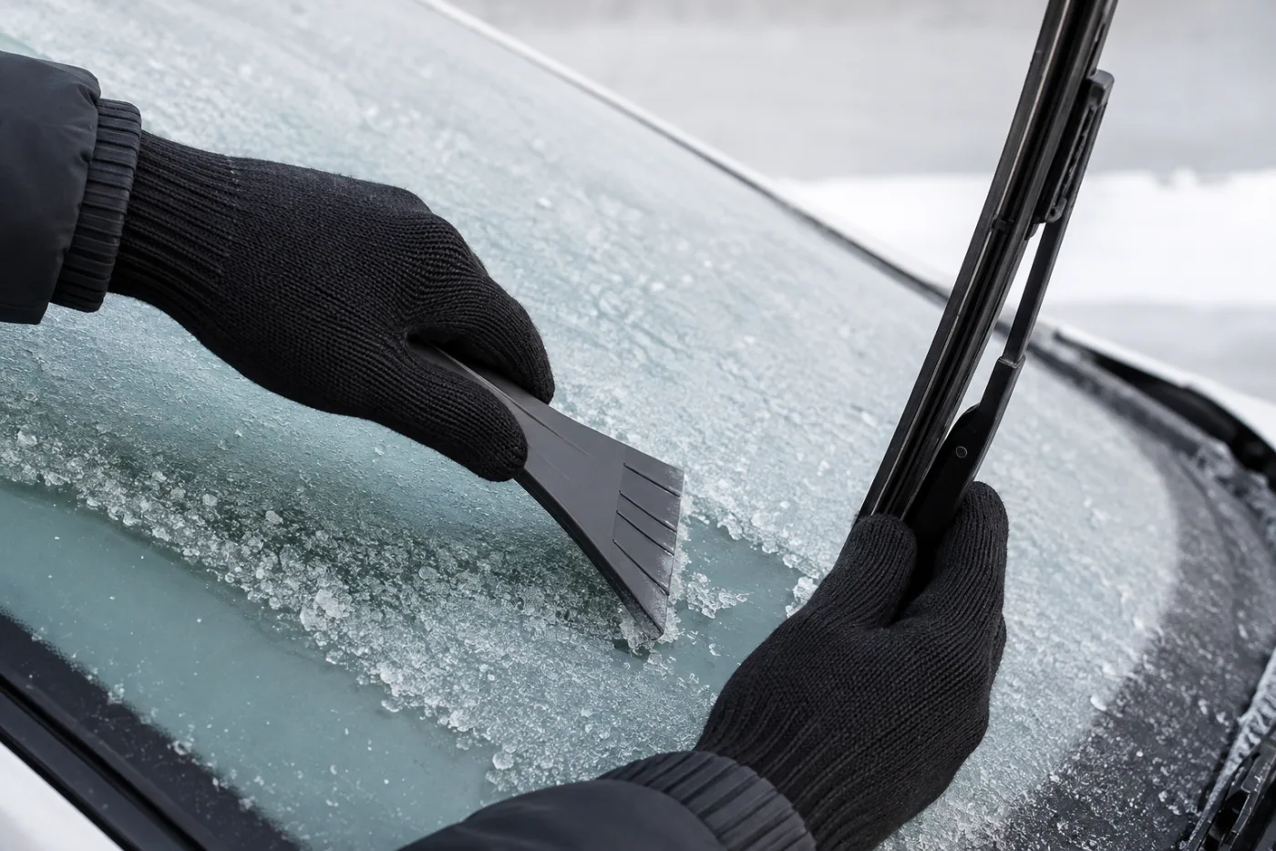How Do You Remove Ice From a Windshield Safely? Black CozyGalar knit gloves hold a plastic ice scraper parallel to a raised windshield wiper