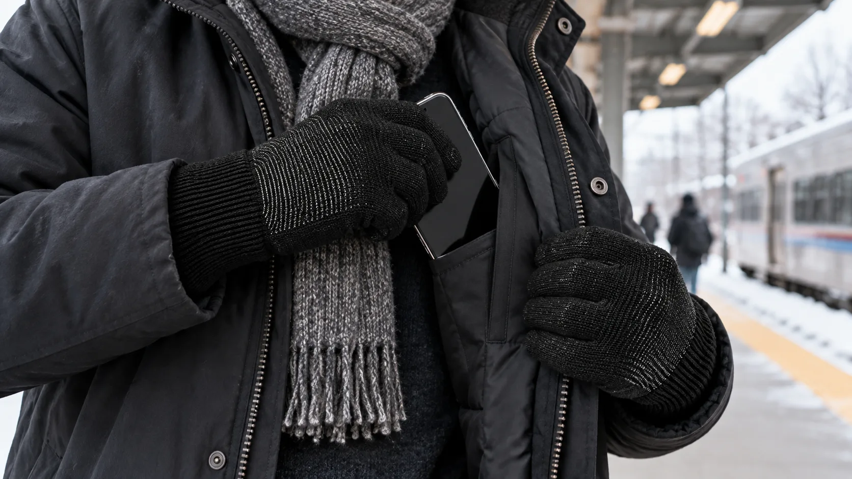 Train commuter in black CozyGalar knit gloves returns a phone to an inner coat pocket after a brief outdoor check