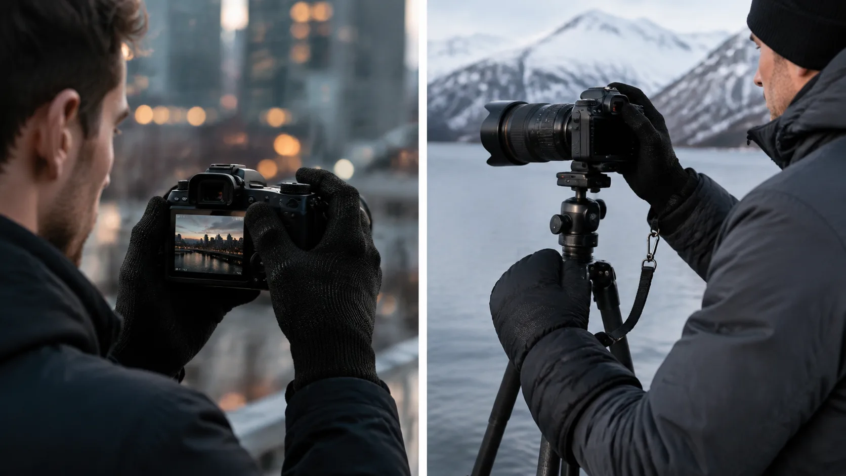 Split scene showing a short city photo walk and a colder mountain tripod session