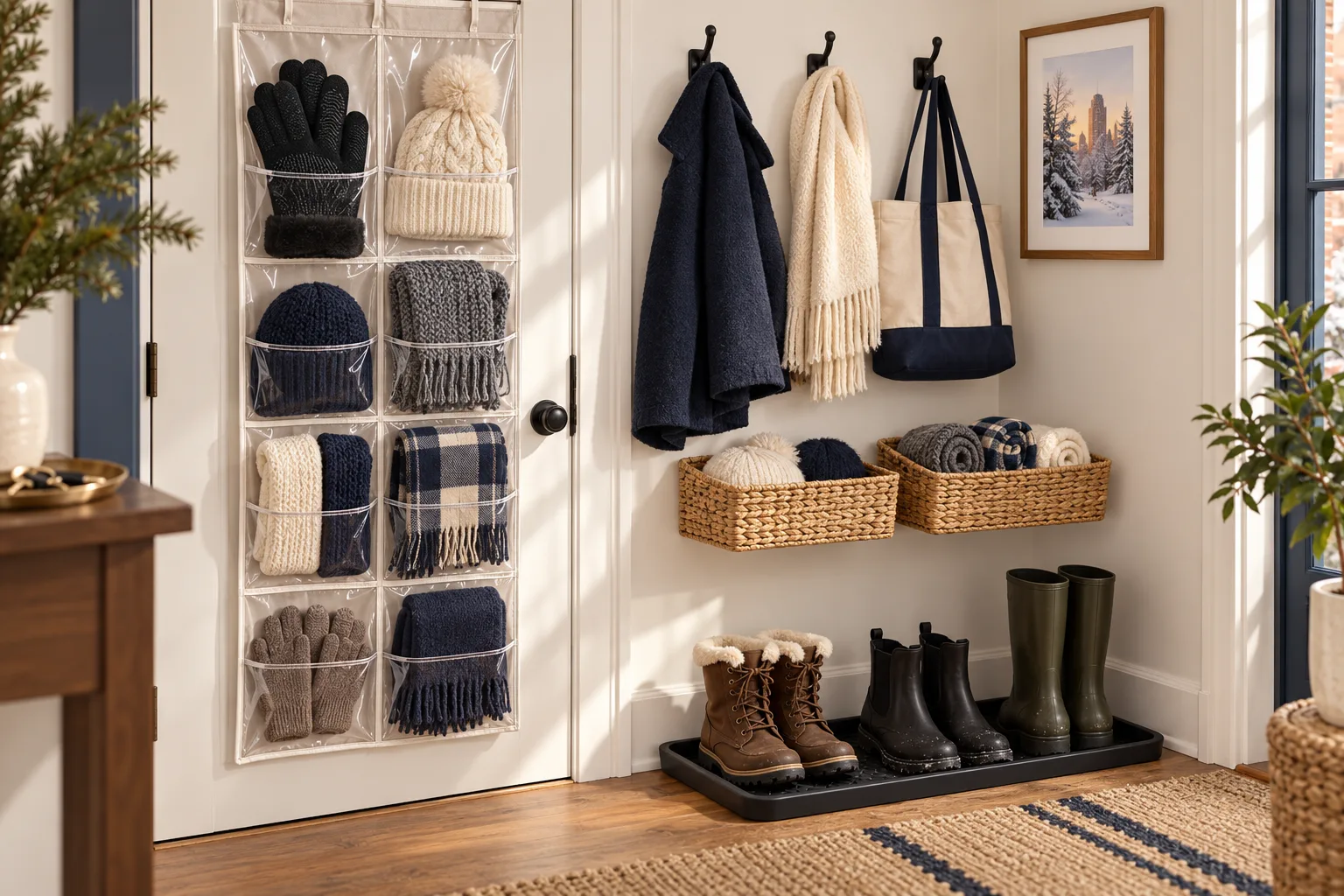 Compact entryway uses an over-door pocket organizer, wall baskets, hooks, and a boot tray for winter accessories
