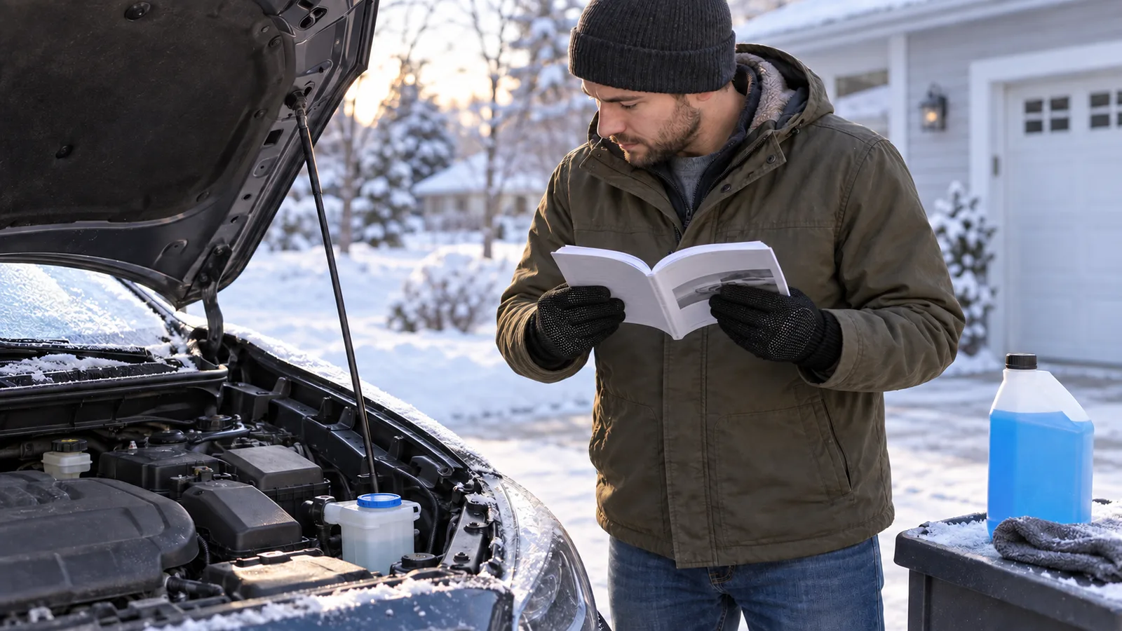 Driver wearing black CozyGalar knit gloves reads an owner's manual beside an open car hood on a snowy morning without touching washer fluid