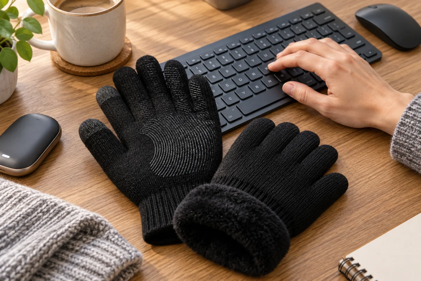 How Do You Keep Your Hands Warm While Typing? Black CozyGalar knit gloves beside a keyboard while a bare hand checks key feel at a warm desk