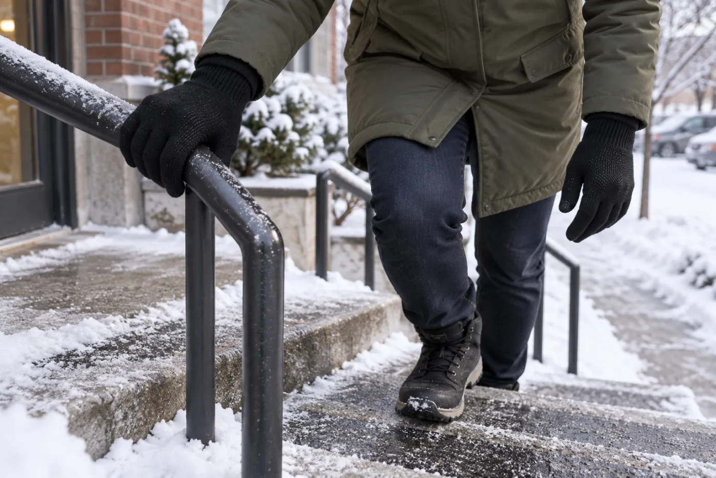 How Do You Walk Safely on Ice? Commuter in black CozyGalar knit gloves uses a handrail while stepping slowly on gritted outdoor stairs