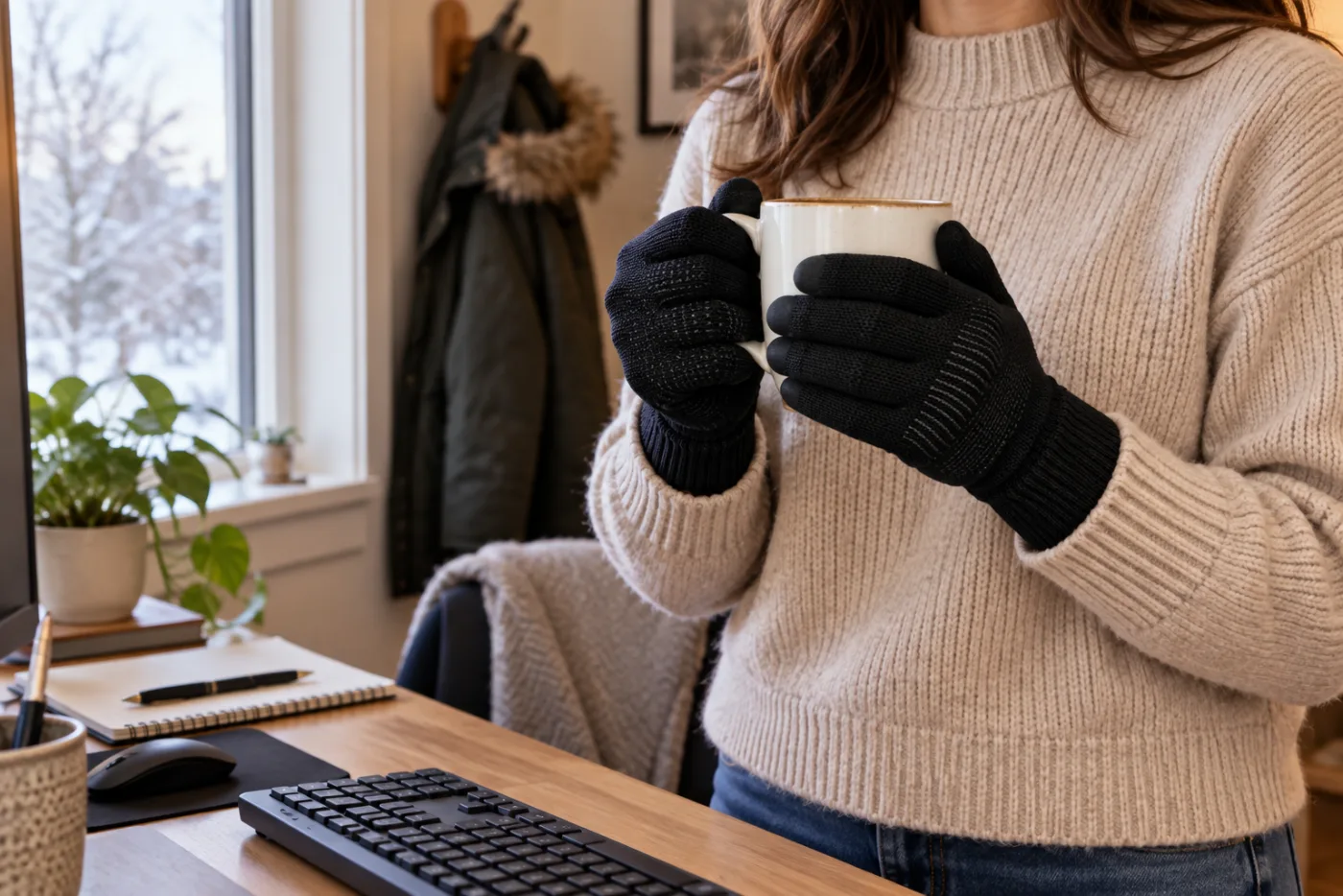 How Do You Keep Your Hands Warm While Typing? Office worker wearing black CozyGalar knit gloves warms both hands around a mug during a break from typing